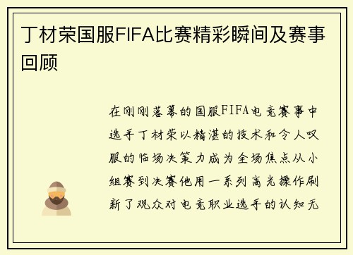 丁材荣国服FIFA比赛精彩瞬间及赛事回顾