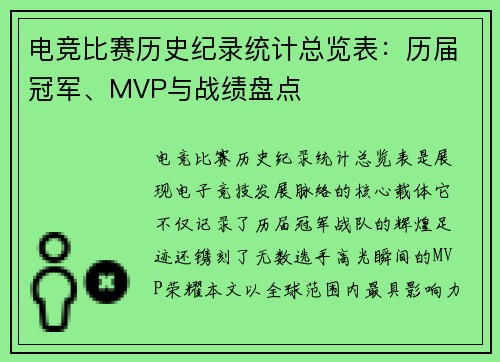 电竞比赛历史纪录统计总览表：历届冠军、MVP与战绩盘点