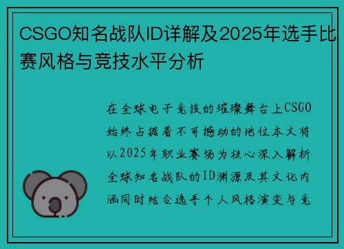CSGO知名战队ID详解及2025年选手比赛风格与竞技水平分析